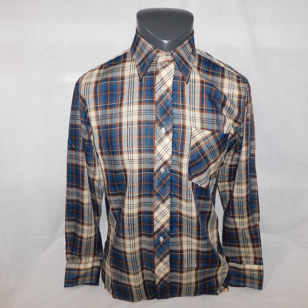 Vintage Van Heusen Mens M Blue Brown Tan Plaid Western Look Button Front Shirt